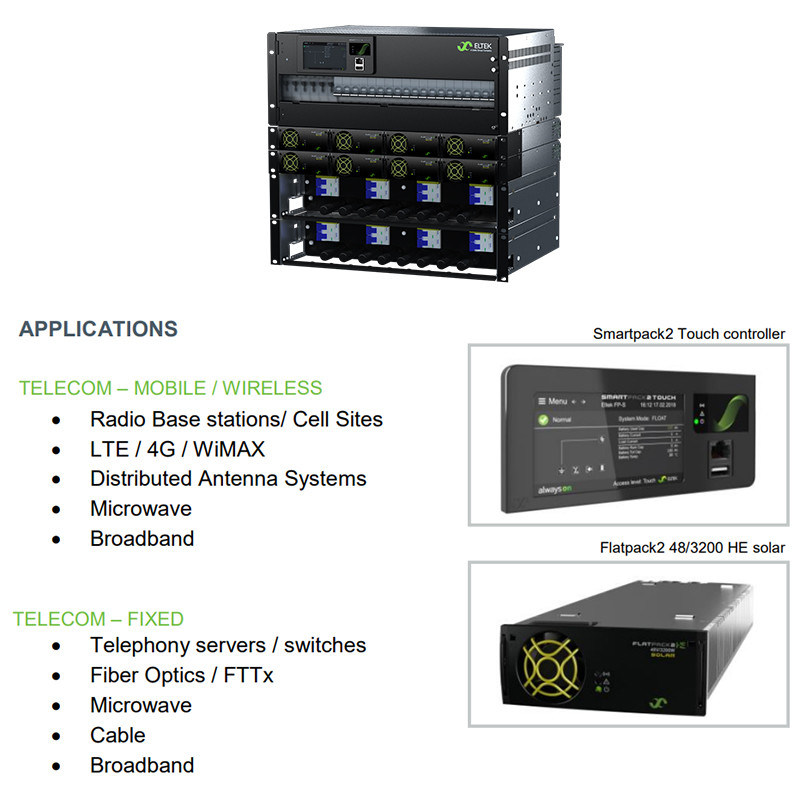 Eltek 4U Solar Autonomous Power Core CTOA0407S CTOA0810S Eltek Flatpack2 4U solar autonomous power core 300A 500A, MPPT 24kW PV 48V off-grid telecom power shelf