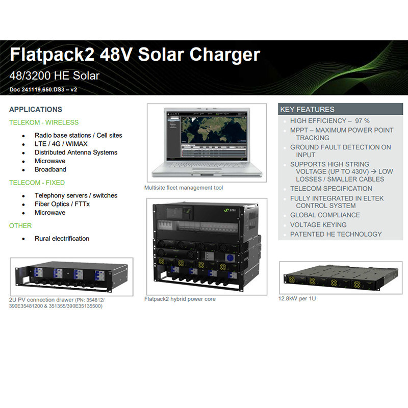 Eltek Flatpack2 48/3200 HE Solar Module 241119.650 Eltek Flatpack2 48/3200 HE Solar Charger Module 241119.650 3200W 97% Efficiency MPPT Telecom PV Rectifier