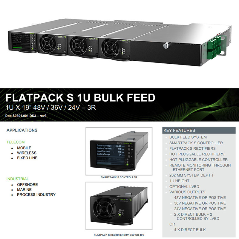 Eltek 1U 5.4kW Compact DC Power System Eltek Flatpack S 1U bulk feed DC power system CTOS0301.xxx, 24/36/48V 125A marine telecom rack power shelf
