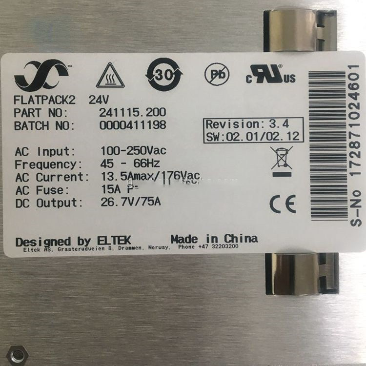 Eltek Flatpack2 24V 2000W Rectifier Module 241115.200 Eltek Flatpack2 24/2000 rectifier PN 241115.200, 2000W adjustable 24V telecom marine power module