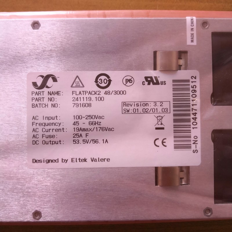 Eltek Flatpack2 48/3000 Rectifier Module 241119.100 Eltek Flatpack2 48/3000 rectifier PN 241119.100, 3000W 53.5V telecom AC-DC power module