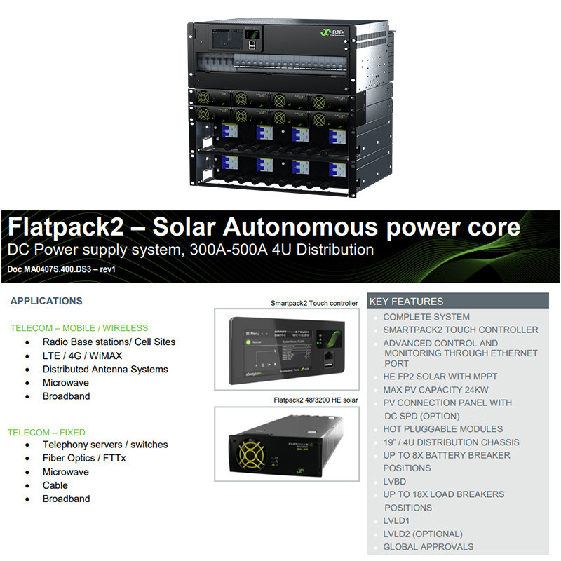 Eltek 4U Solar Autonomous Power Core CTOA0407S CTOA0810S Eltek Flatpack2 4U solar autonomous power core 300A 500A, MPPT 24kW PV 48V off-grid telecom power shelf