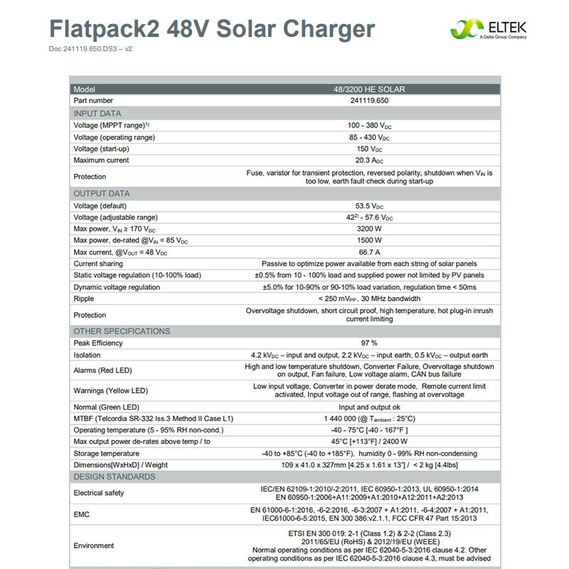 Eltek Flatpack2 48/3200 HE Solar Module 241119.650 Eltek Flatpack2 48/3200 HE Solar Charger Module 241119.650 3200W 97% Efficiency MPPT Telecom PV Rectifier