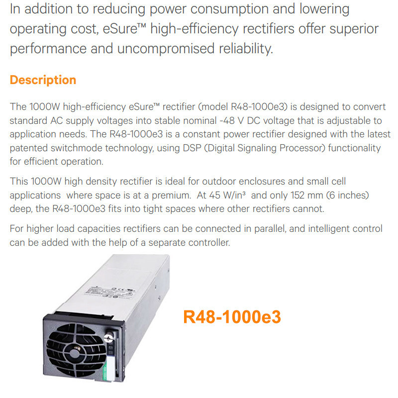 Vertiv R48-1000E3 1000W Compact Rectifier for NetSure 2100 Telecom Power Cabinet Vertiv Emerson R48-1000E R48-1000E3 eSure 48V 1000W High Density Hot Swap Rectifier Front View