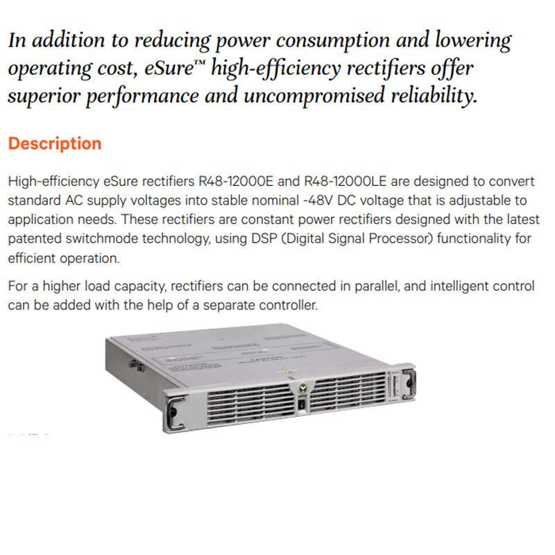 Vertiv eSure R48-12000 Series 11.6kW High Power Rectifier for NetSure Power Cabinets Vertiv R48-12000E R48-12000LE eSure 11600W Three Phase Hot Swap Telecom Rectifier Front View