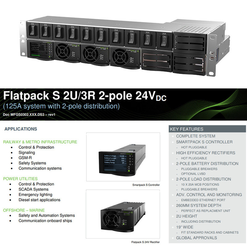 Eltek Flatpack S 2U 3R 24V DC power system MFGS0302 Smartpack S controller 125A rack power shelf